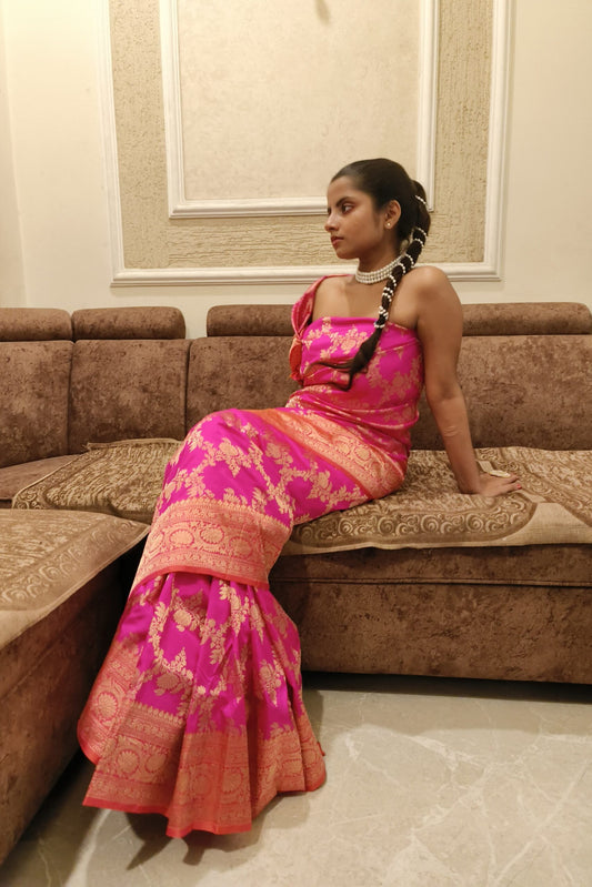 Handwoven Katan Silk draped as an Off shoulder gown