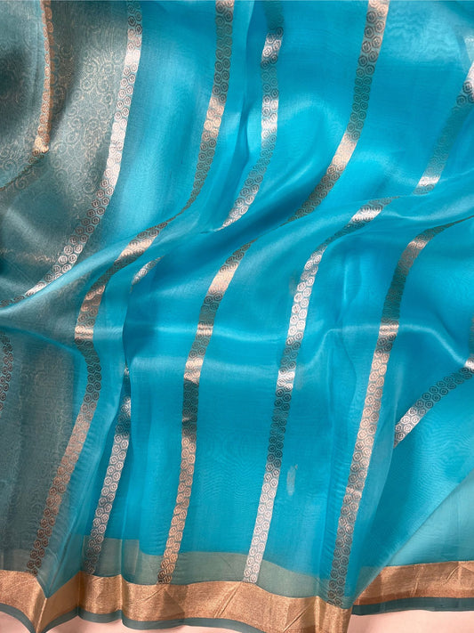 Sky Blue Kora Silk Saree Closeup View