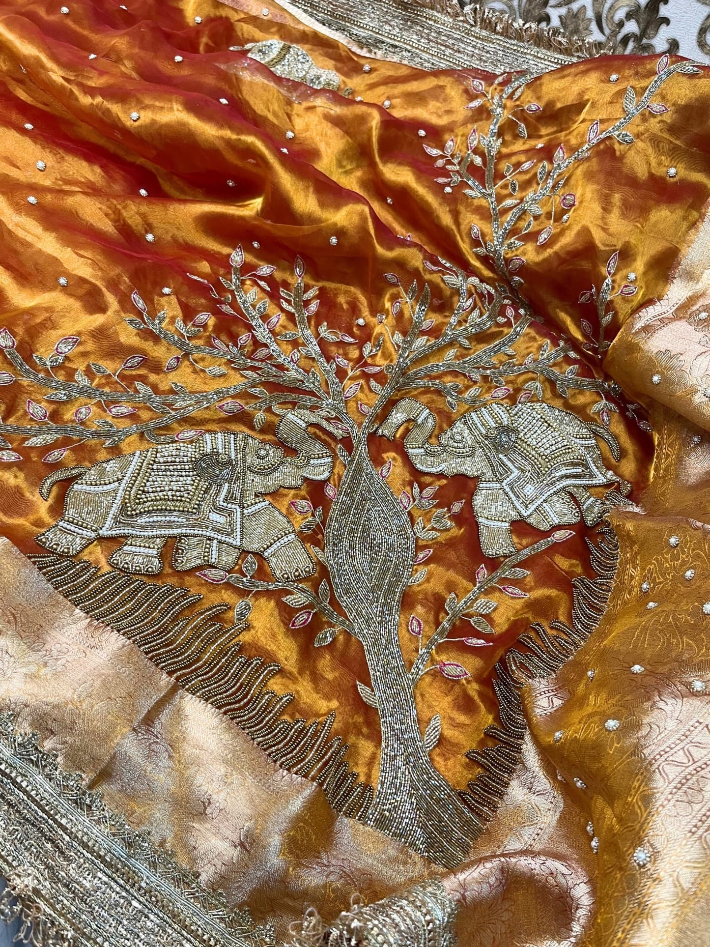 Elegant Kanjivaram Gold Tissue Silk Saree with traditional Elephant corner design