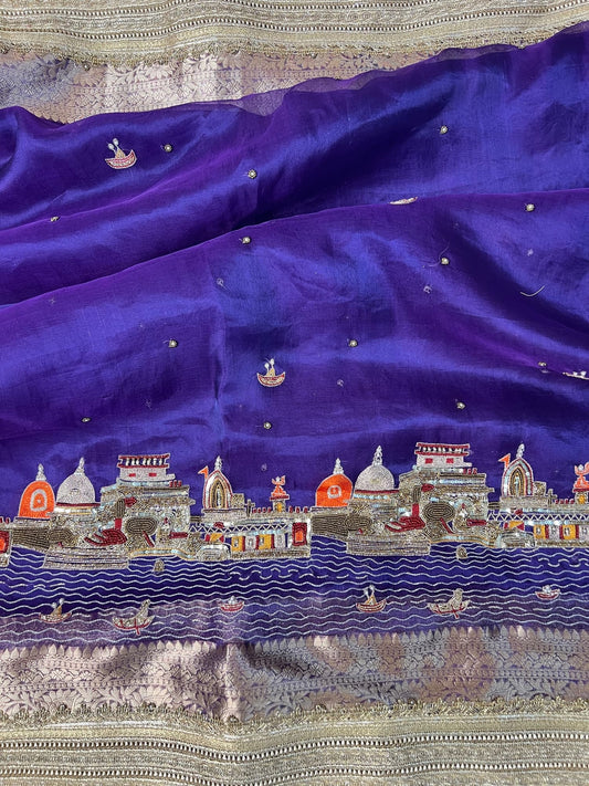 Indigo Banarasi Ghat silk saree inspired by Varanasi ghats
