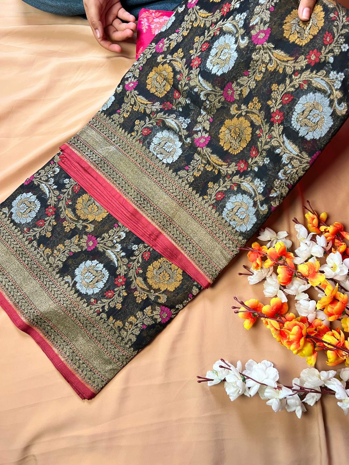 Black Cotton Jamdani Saree with floral front view