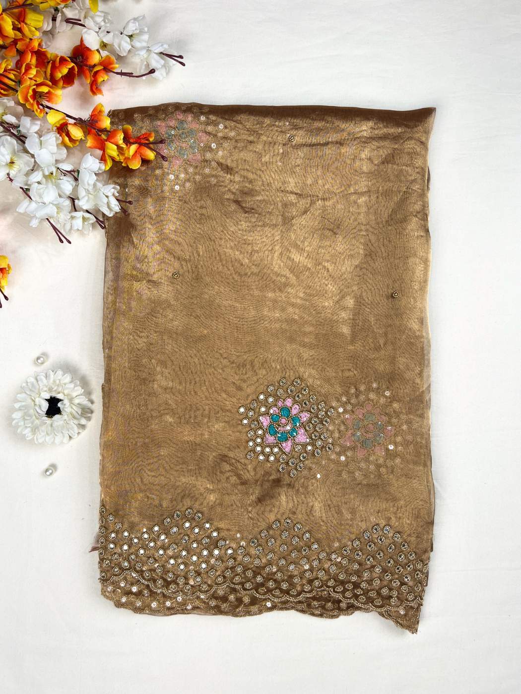 Copper Brown Tissue Silk Saree with mirror detailing and elegant scalloped border front view