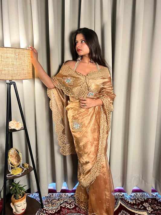 Copper Brown Tissue Silk Saree with mirror detailing and elegant scalloped border Model view