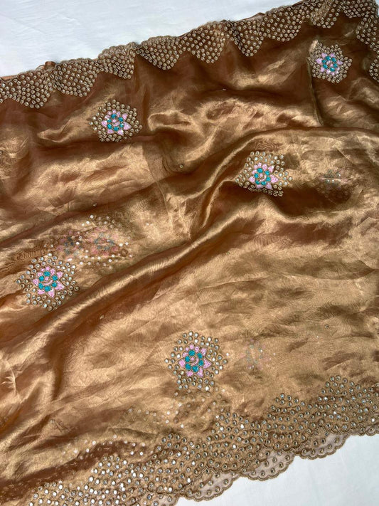 Copper Brown Tissue Silk Saree with mirror detailing and elegant scalloped border full view
