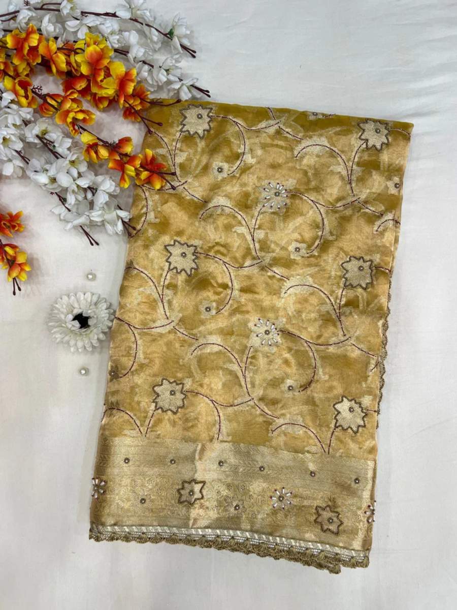 Mustard Gold Tissue Silk Phool jaal front view
