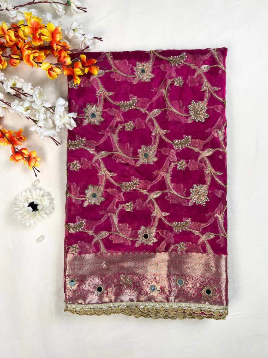 Magenta Pink Tissue Silk Phool Jaal Front View
