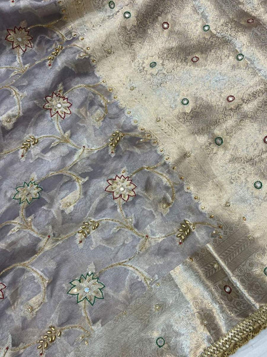 Silver Grey Tissue Silk Saree Phool jaal full view