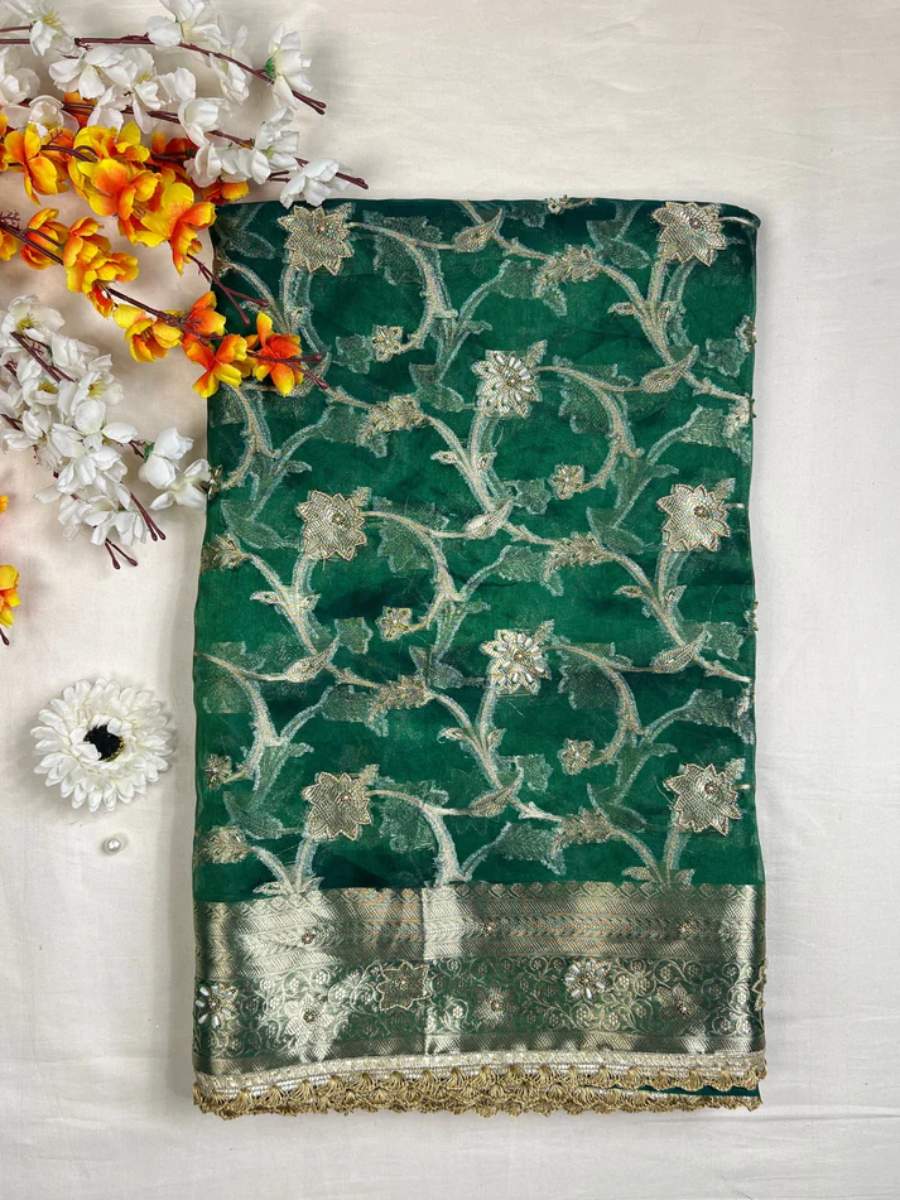 Emerald Green Tissue Silk Saree Phool Jaal front view