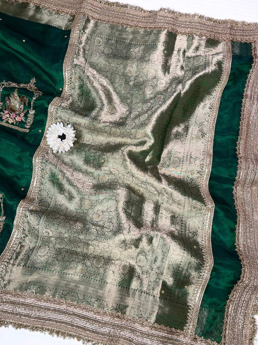 Emerald Green Tissue Silk Saree Shahi Hans Border View-Mantavya Banaras
