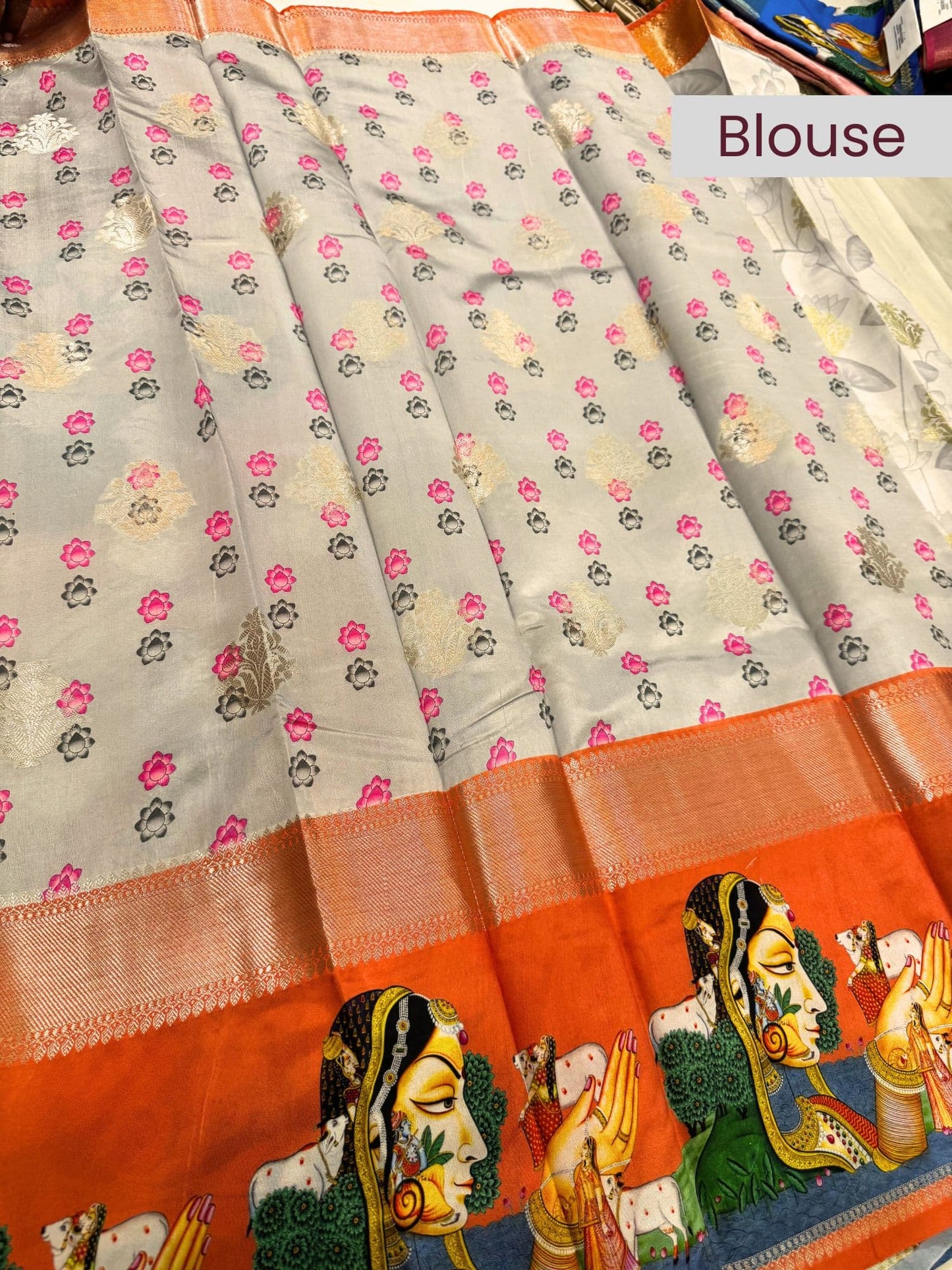 Grey and orange blouse with elegant contrast design – mantavya banaras