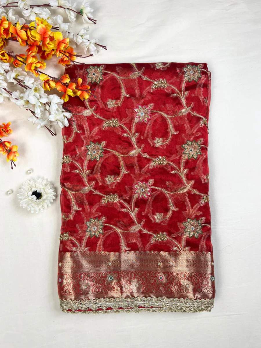 Royal Red Tissue Silk Phool Jaal front view