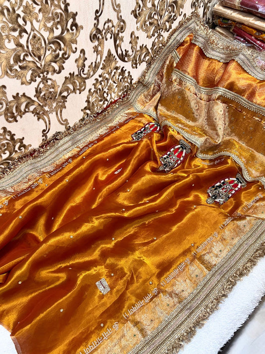 100% Pure Banarasi Tissue Silk Saree with Shri Bala Ji Tirupati Balaji Venkateshwar embroidery in golden-orange shade, traditional Banarasi Tissue Silk saree for festive and wedding wear