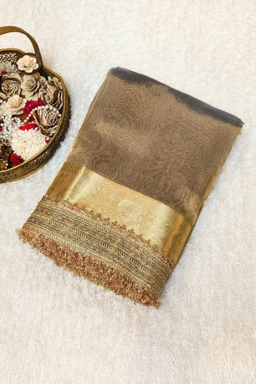 Maharani Grey tissue silk saree with gota patti border