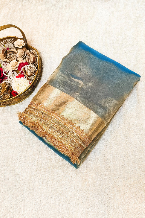 Handwoven Powder Blue Pure Tissue Silk Saree with Gota Patti