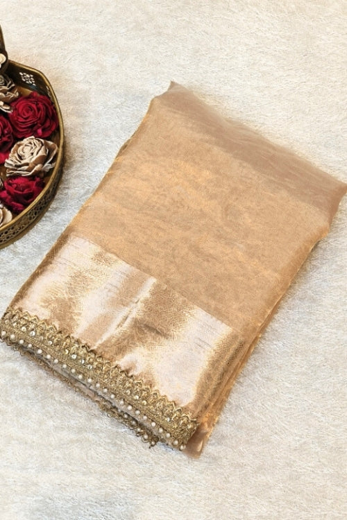 Handwoven Golden Tissue Silk Saree with Gota Patti Border