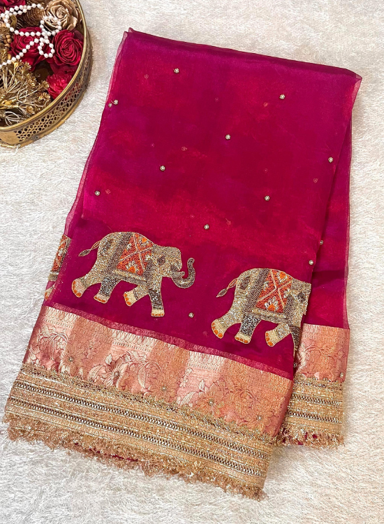 Pink Hand-Embroidered Tissue Silk Saree with Elephant Motifs - Traditional Wedding and Festival Wear