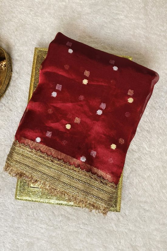 Handwoven Butti Maroon Tissue Silk Saree with Gota Patti Border