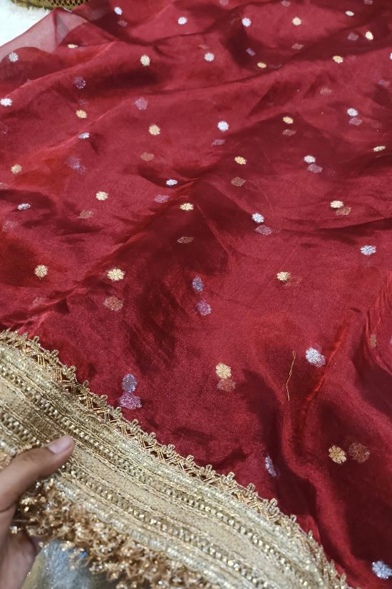 Handwoven Butti Maroon Tissue Silk Saree with Gota Patti Border
