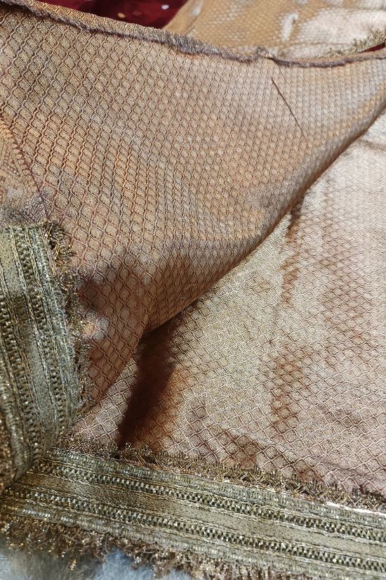 Handwoven Butti Maroon Tissue Silk Saree with Gota Patti Border