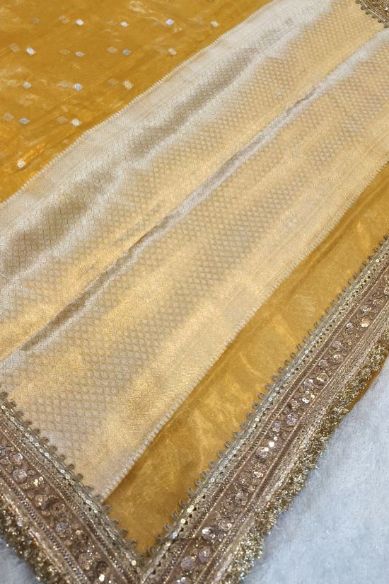 Handwoven Butti Yellow Tissue Silk Saree with Gota Patti Border