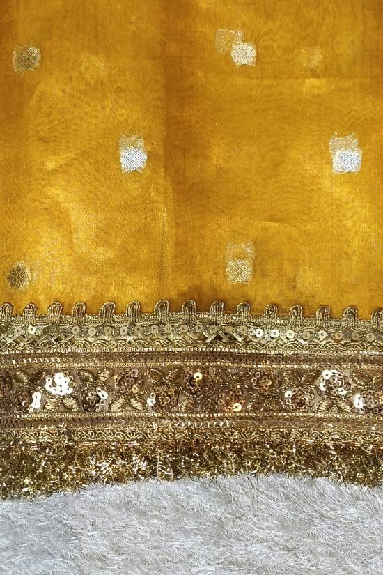Handwoven Butti Yellow Tissue Silk Saree with Gota Patti Border