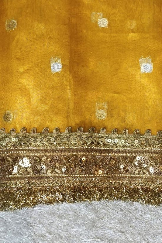 Handwoven Butti Yellow Tissue Silk Saree with Gota Patti Border