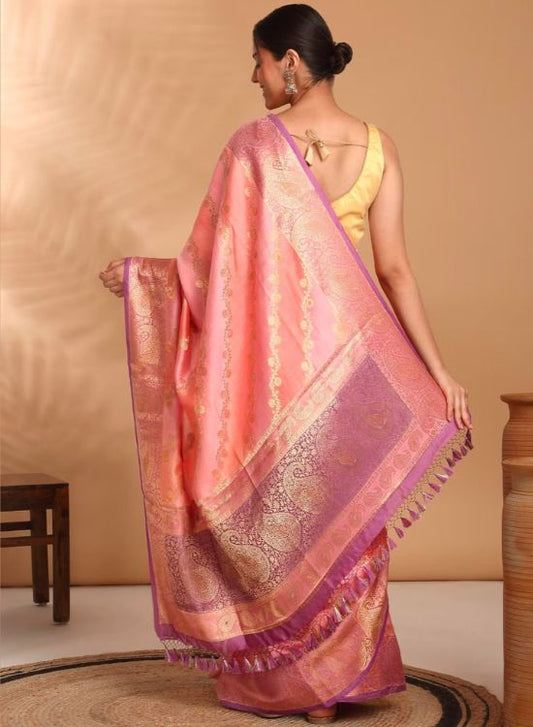 Banarasi Brocade Stripes with Paisley Zari Border and Tassels Pink Saree & Unstitched Blouse