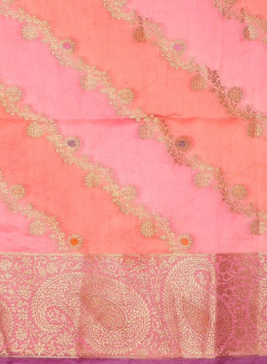 Banarasi Brocade Stripes with Paisley Zari Border and Tassels Pink Saree & Unstitched Blouse