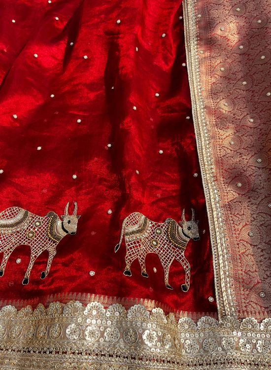 Hand Embroidered Red Banarasi Tissue Silk Saree with Nandi Buta, Gota Patti Border, Brocade Aachal, and Unstitched Brocade Blouse