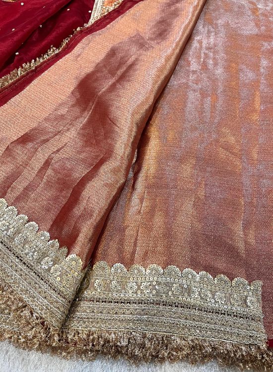 Hand Embroidered Red Banarasi Tissue Silk Saree with Nandi Buta, Gota Patti Border, Brocade Aachal, and Unstitched Brocade Blouse