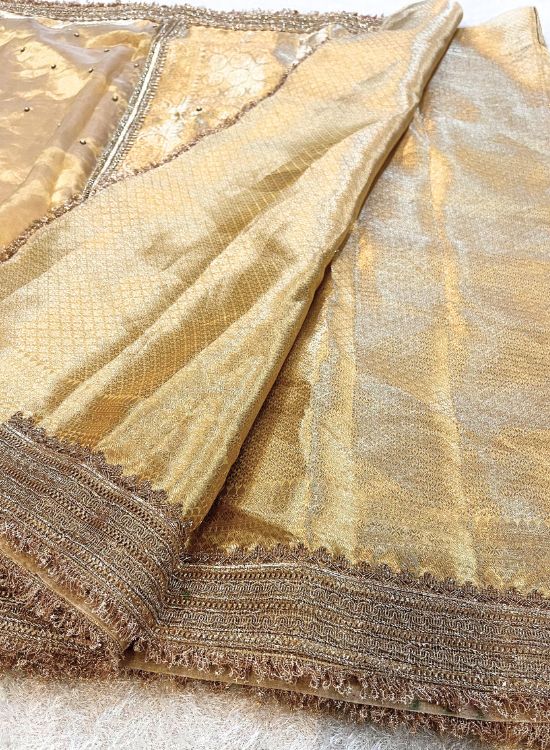 Hand Embroidery Golden Tissue Silk Saree with Bundi Motifs Design