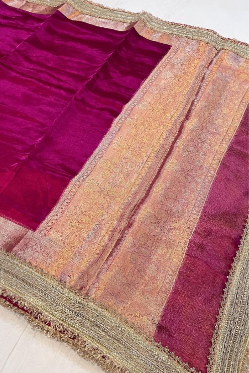 Hot Pink Banarasi Tissue Silk Saree with Zari Weaving and Sheer Finish – Handwoven by Mantavya Banaras