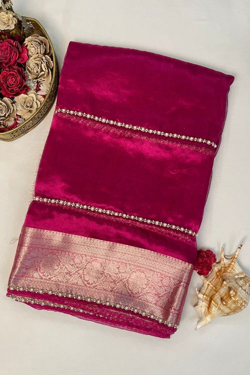 Hand Embroidered Hot Pink Tissue Silk Saree with Pearl Stripe and Buti Motifs, Paired with Brocade Blouse Featuring Neck and Sleeve Embroidery – Elegant Traditional Wear
