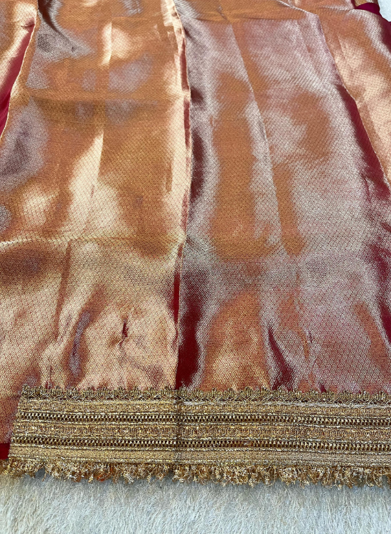 Pink Hand-Embroidered Tissue Silk Saree with Elephant Motifs - Traditional Wedding and Festival Wear