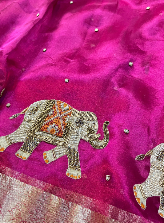 Pink Hand-Embroidered Tissue Silk Saree with Elephant Motifs - Traditional Wedding and Festival Wear