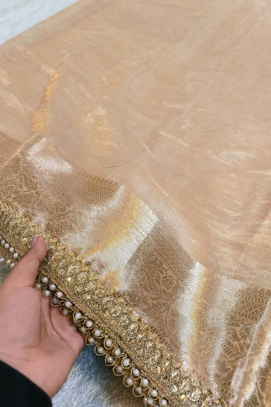 Handwoven Golden Tissue Silk Saree with Gota Patti Border