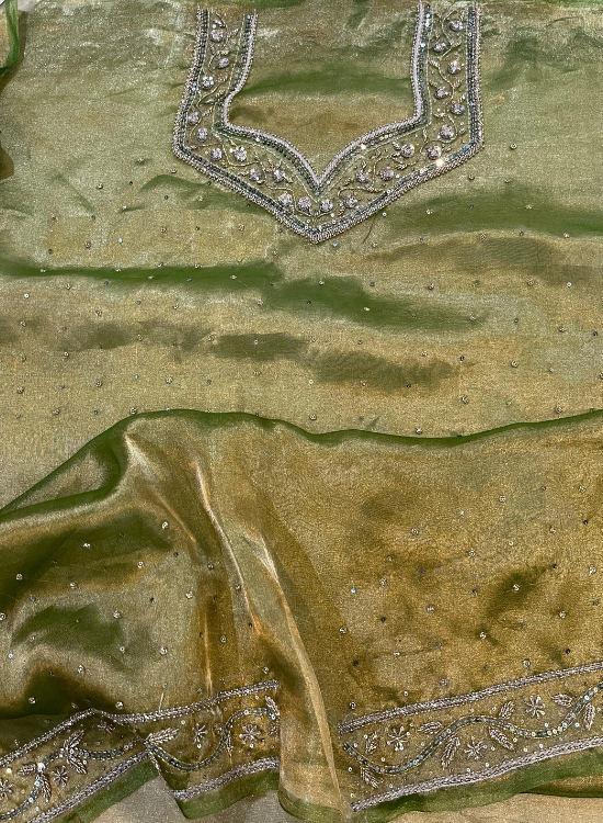 Hand Embroidered Green Pure Tissue Silk Saree