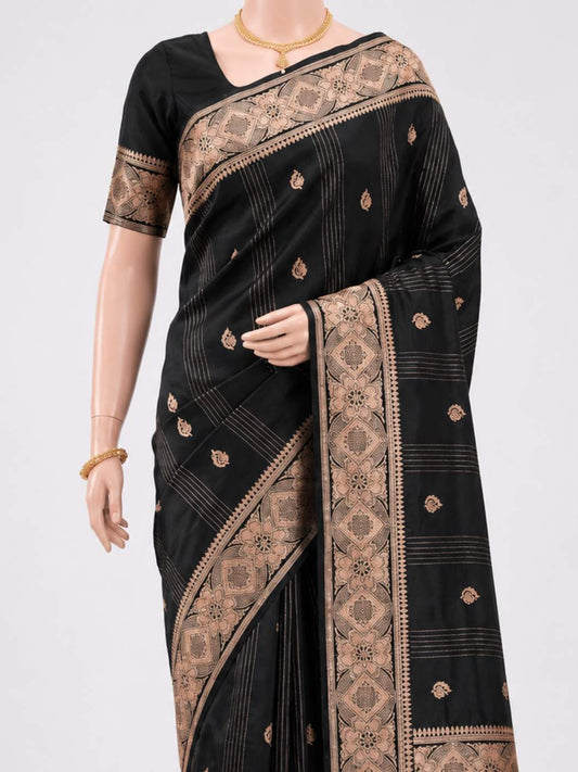 Black Katan Silk Saree with zari floral butis dummy close up view