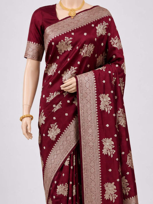 Wine Katan Silk Saree Dummy Close Up View