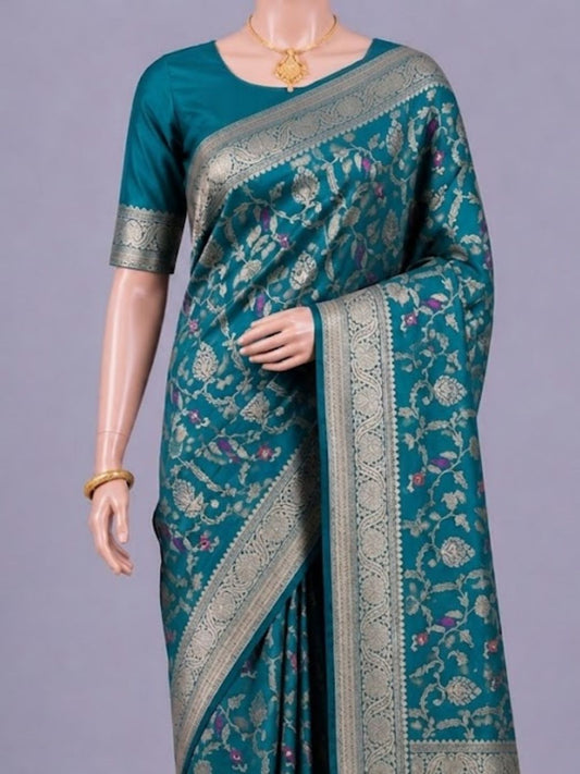 Deep Teal Blue Katan Silk Saree Dummy View 02