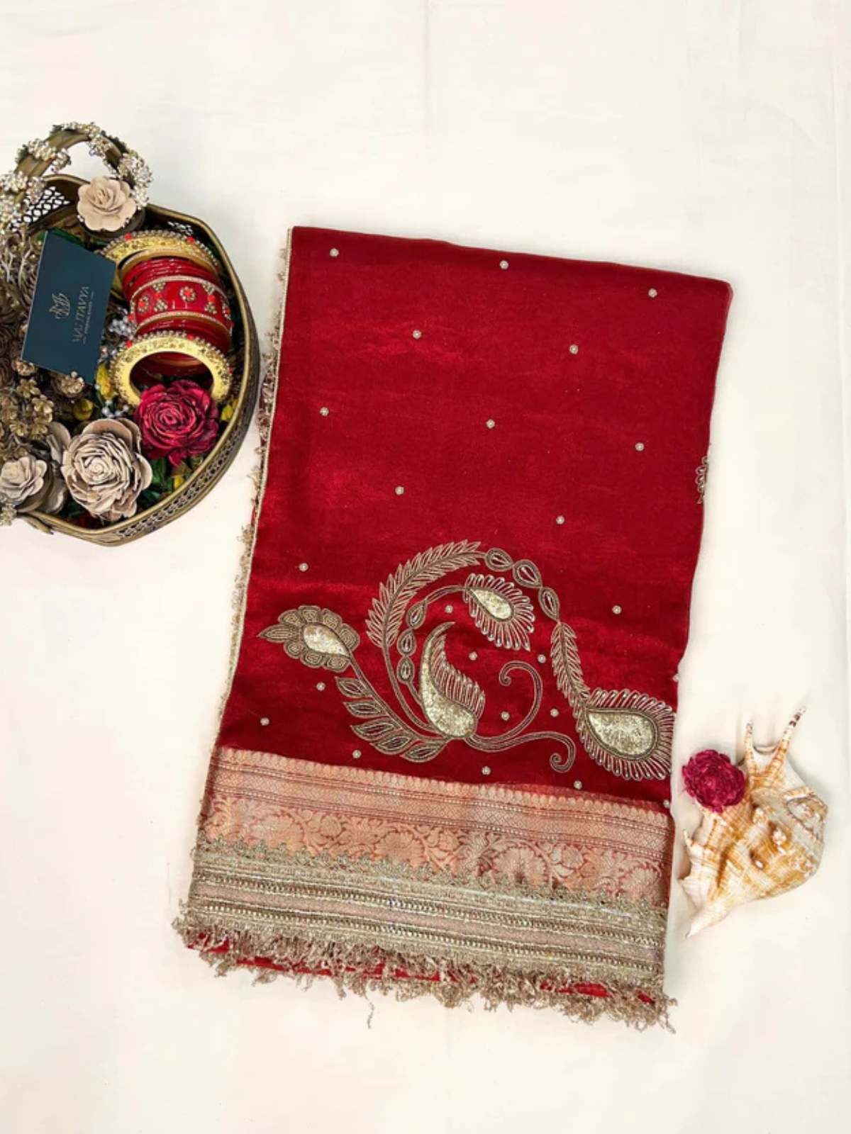 βRoyal Red Mor Pankh saree with peacock feather inspired design for weddings and festivalsβ