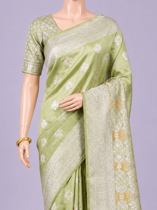 Pista Green Chiniya Silk Saree