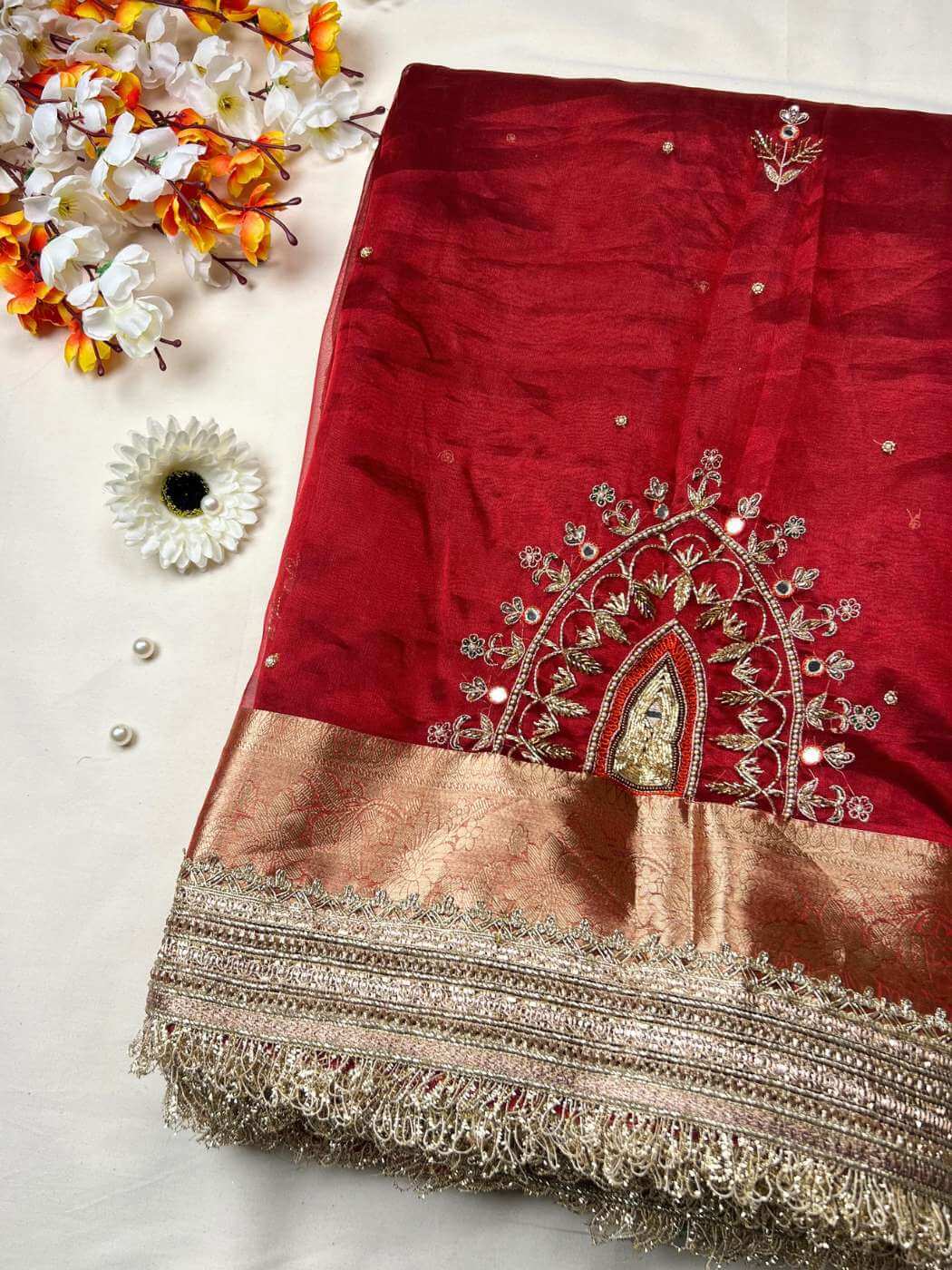 Royal red Tissue Silk Saree Shahi Darwaza Banarasi silk saree with classic architectural Front View