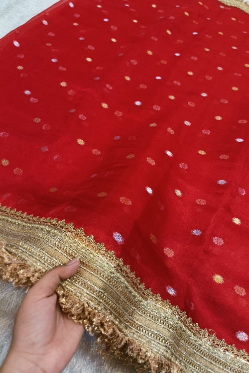 Handwoven Red Tissue Silk Saree with Gota Patti Border