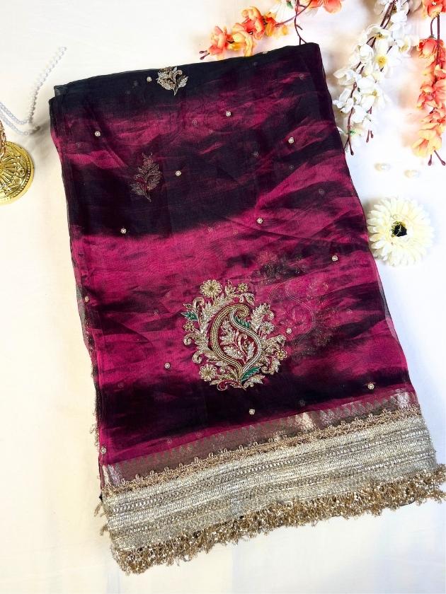 Wine Tissue Silk Saree With Handembroidery full view