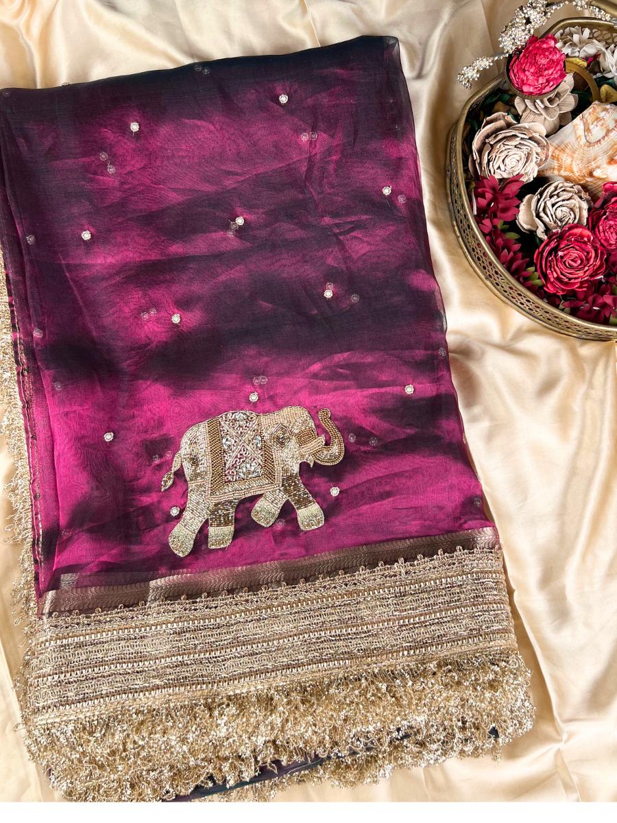 Wine Tissue Silk Saree Gaj With Hand Embroidered Elephant Front view 02