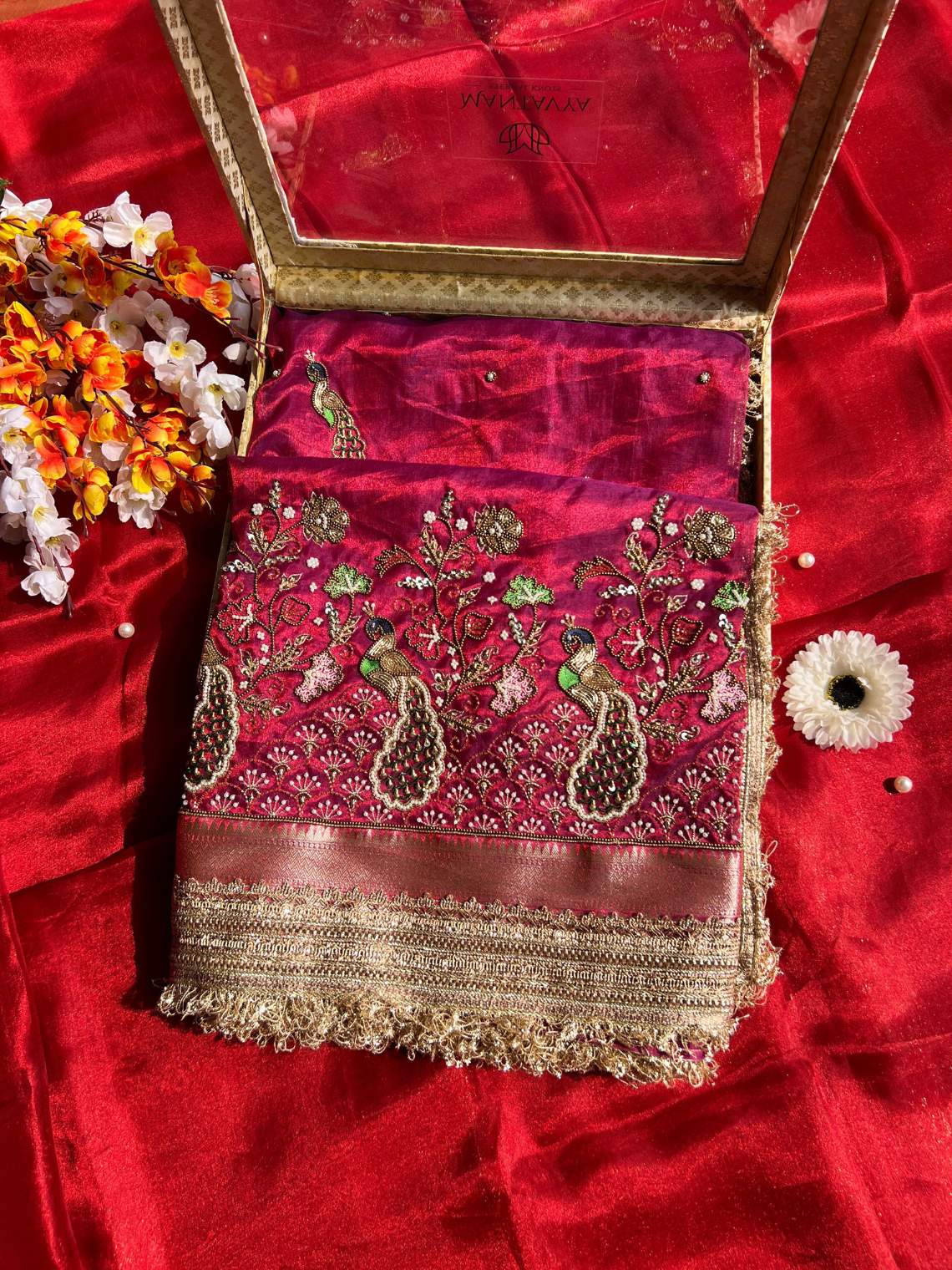 Hot Pink Pure Banarasi Tissue Silk Saree Panchhi with Hand Embroidered Peacock and floral front view