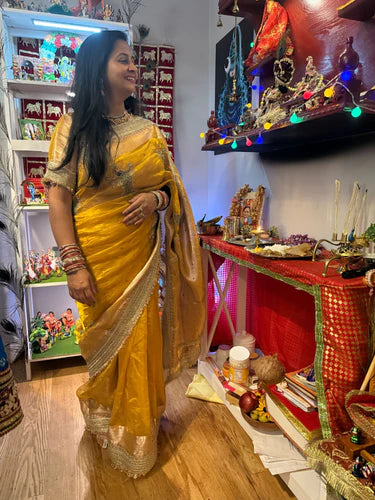 Hand Embroidered Mustard Yellow Tissue Silk Saree with Peacock Motifs and Scattered Buti, Paired with Unstitched Brocade Blouse – Traditional Indian Ethnic Wear