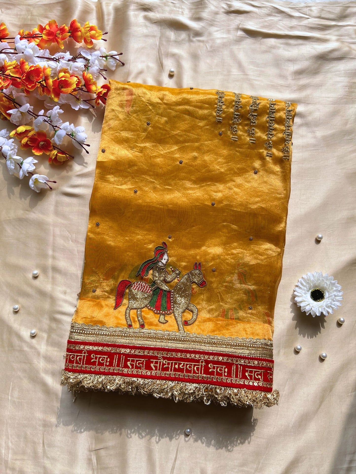 “Mustard Yellow Saat Vachan Banarasi silk saree with wedding motifs and festive embroidery”