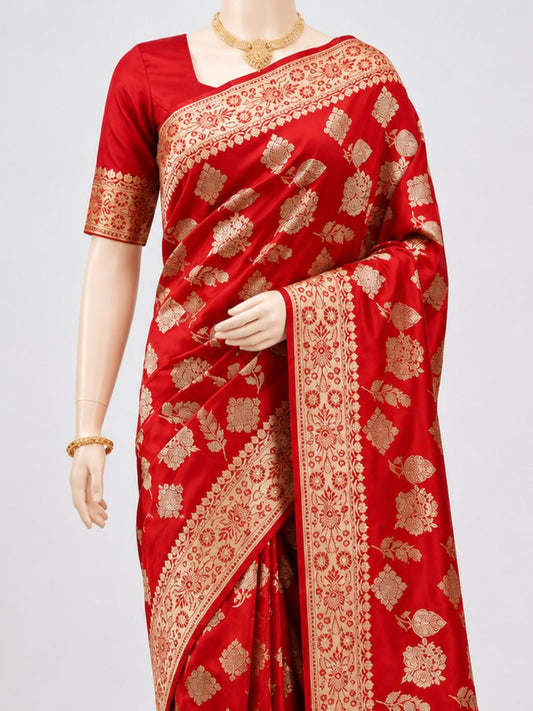 Royal Red Katan Silk Saree Dummy closeup view